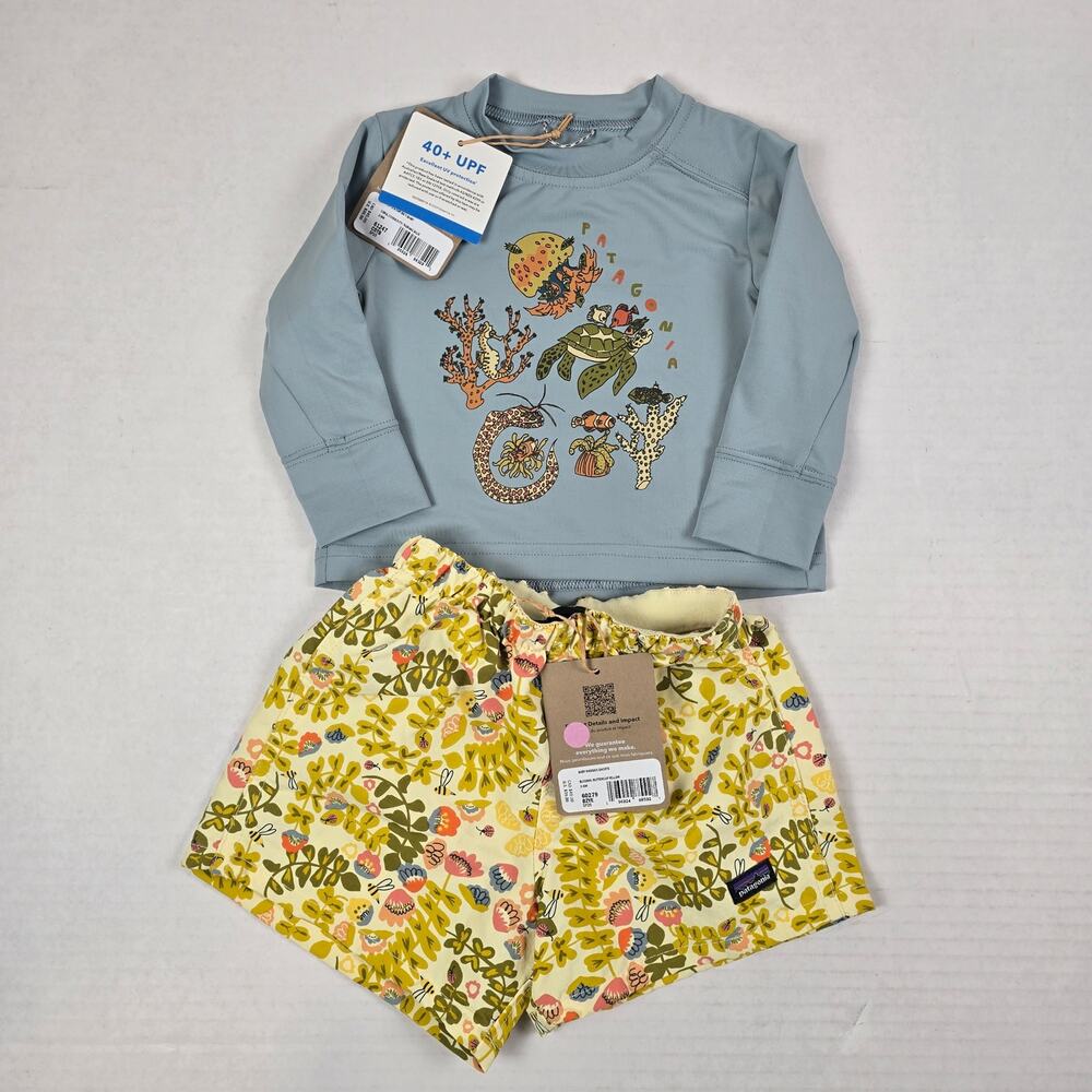 Patagonia Sz 3/6m Baby Capilene Shirt Coral Sea Life & Yellow Baggies Shorts Set